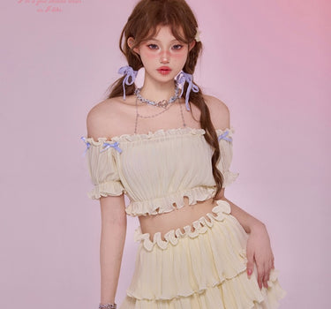 GirlyFancyClub - Off the Shoulder Short Top with Fluffy Skirt Set