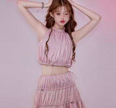 GirlyFancyClub - Satin Backless Crop Top And Pleated Skirt Suit